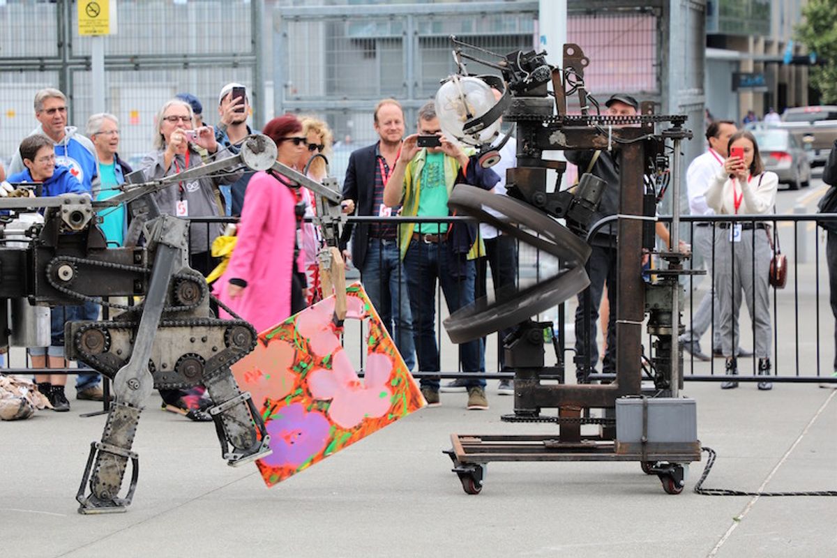 Mark Pauline's robots trashing an Andy Warhol replica at the Seattle Art Fair Courtesy of the Seattle Art Fair