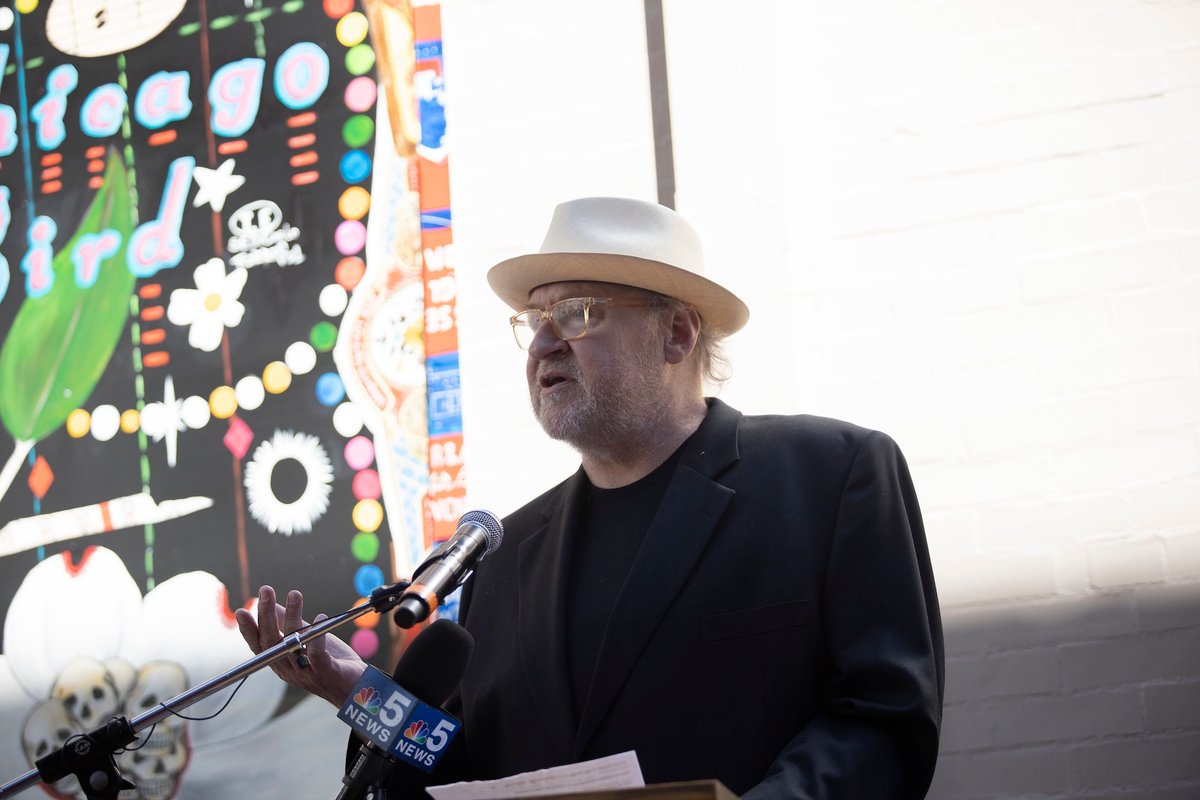 Tony Fitzpatrick during the unveiling of his murals for the College of DuPage Public Art Project in 2021 Photo by College of DuPage Newsroom, via Flickr