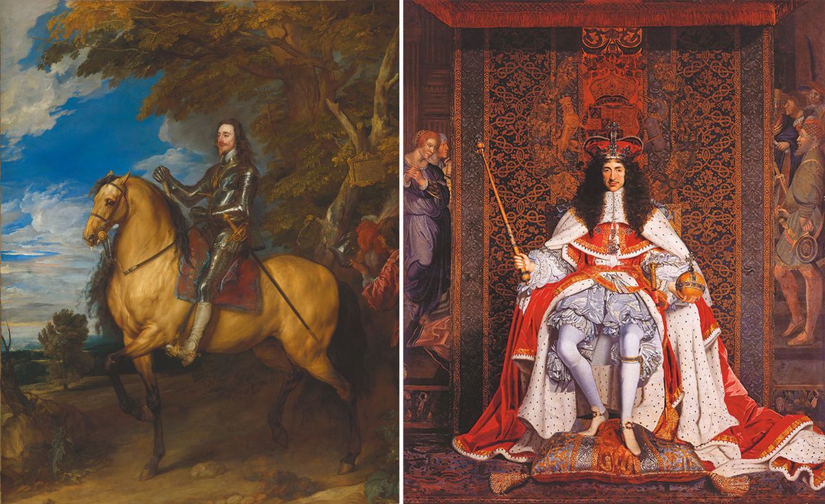 Anthony van Dyck’s Equestrian Portrait of Charles I (around 1637-38), left, and John Michael Wright’s Charles II (around 1671-76) Van Dyck: © The National Gallery, London. Wright: Royal Collection Trust, © King Charles III