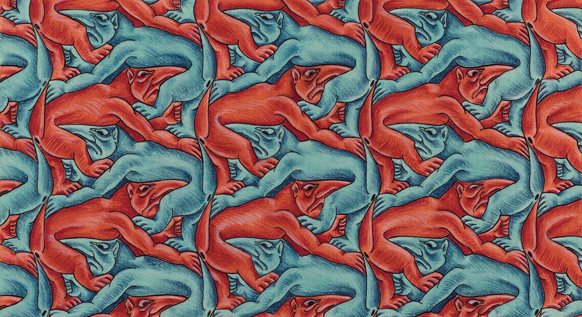 Symmetry No. 62 (1944), a pencil, ink and watercolour work, depicts an infinite series of interlocking creatures. Such drawings, called tessellations, were inspired by Islamic art, after Escher visited the Alhambra in Spain © The M.C. Escher Company, The Netherlands; courtesy of Michael S. Sachs