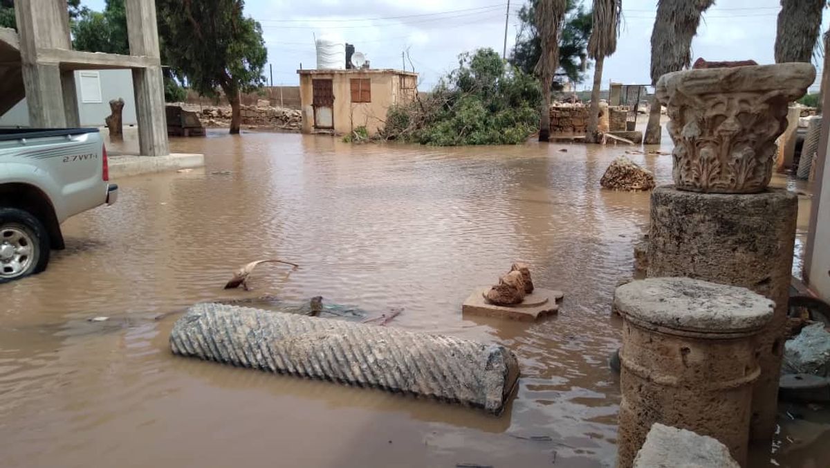 Flooding outside the Ptolemais museum on the Mediterranean coast