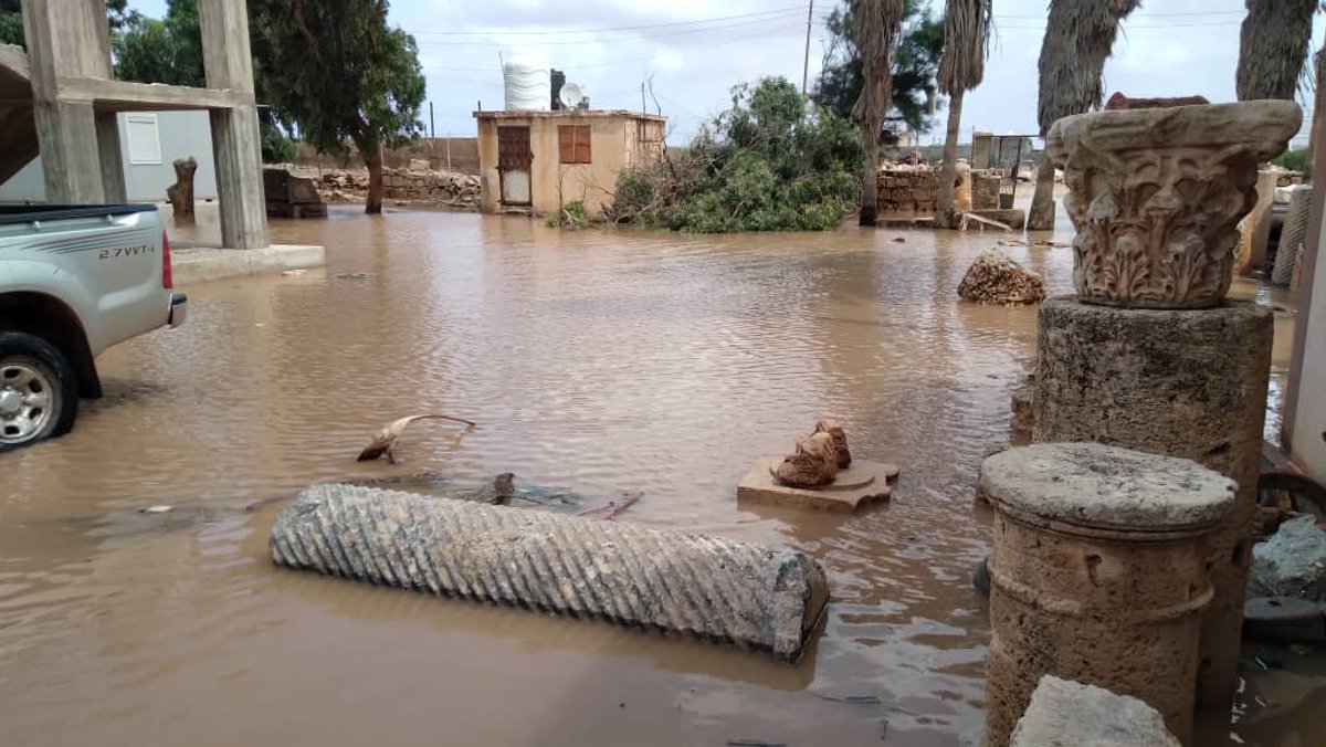Flooding outside the Ptolemais museum on the Mediterranean coast