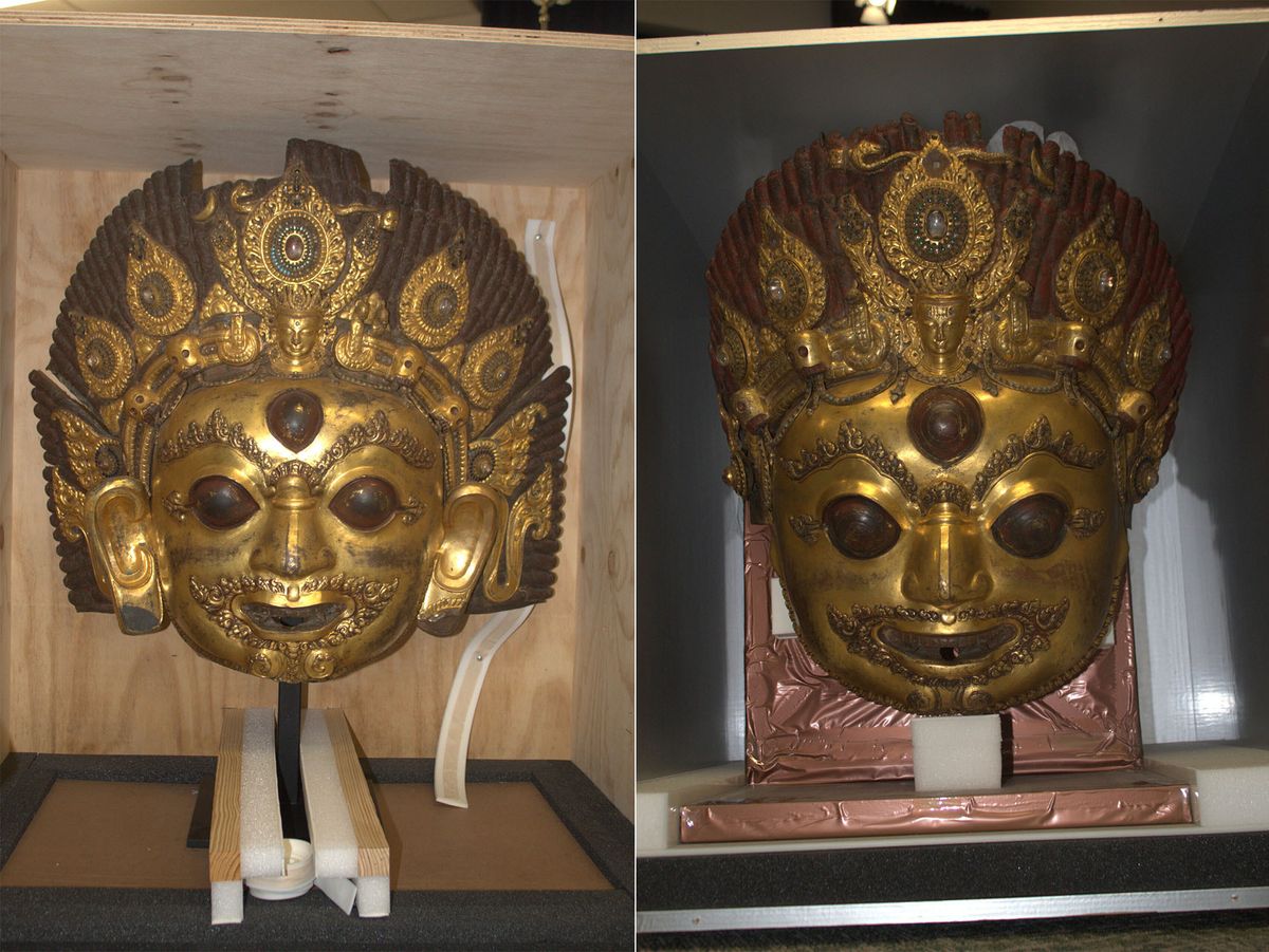 Two recently repatriated 16th-century gilt bronze Bhairava masks Photo: Courtesy the Consulate General of Nepal in New York