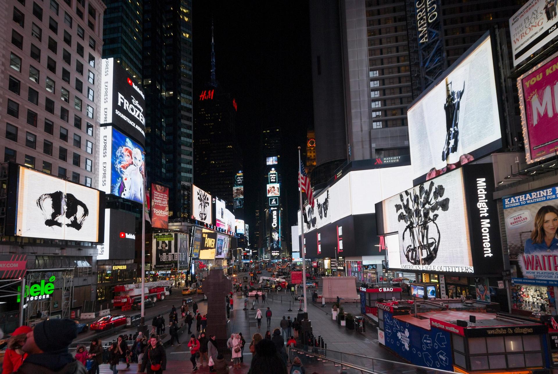 View of William Kentridge's "To What End?" Image Credit: Ka-Man Tse for Times Square Arts.