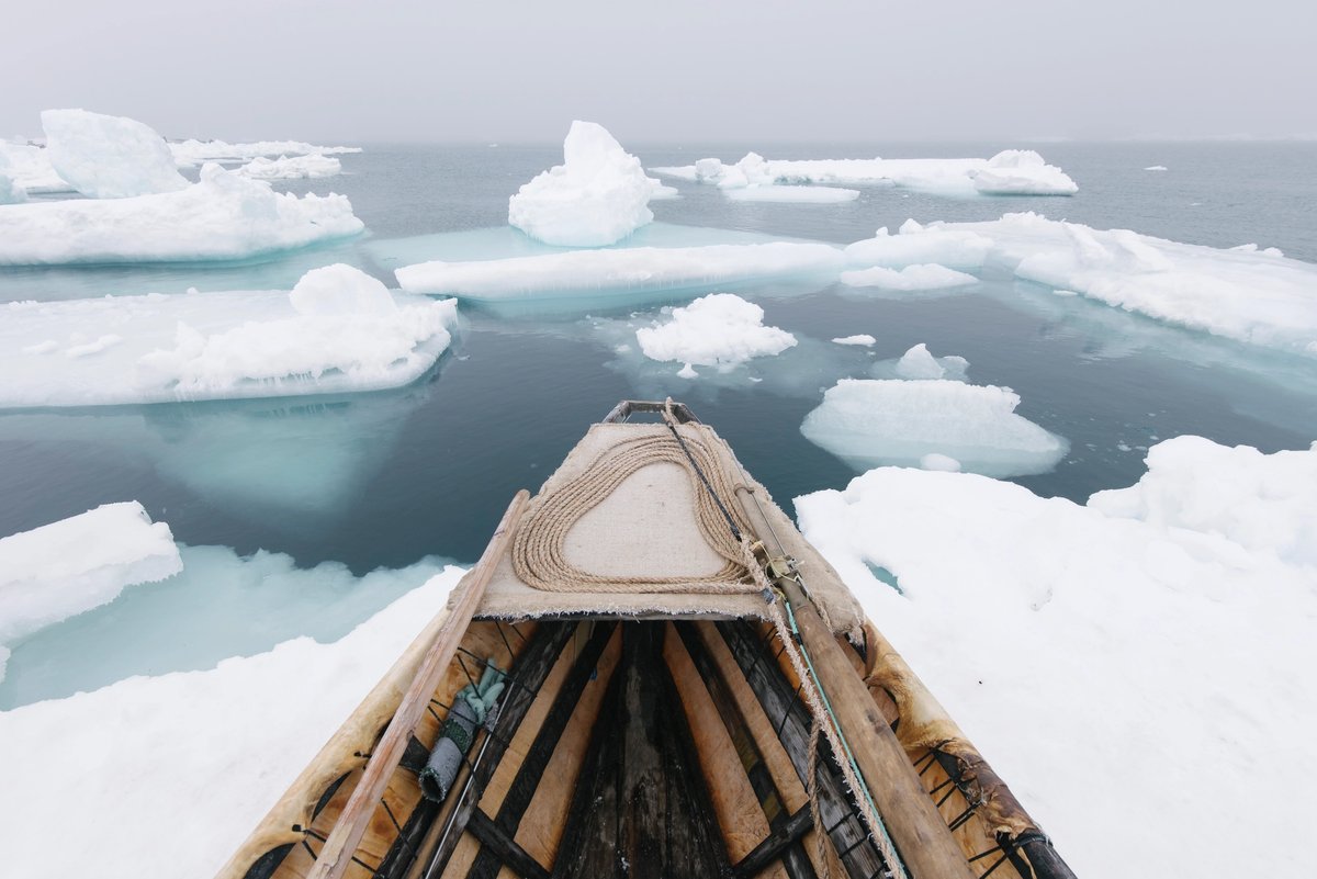 Kiliii Yuyan's She sounds... An image by  showing an umiaq, or open-skin boat, during spring whaling Photograph: © Kiliii Yuyan