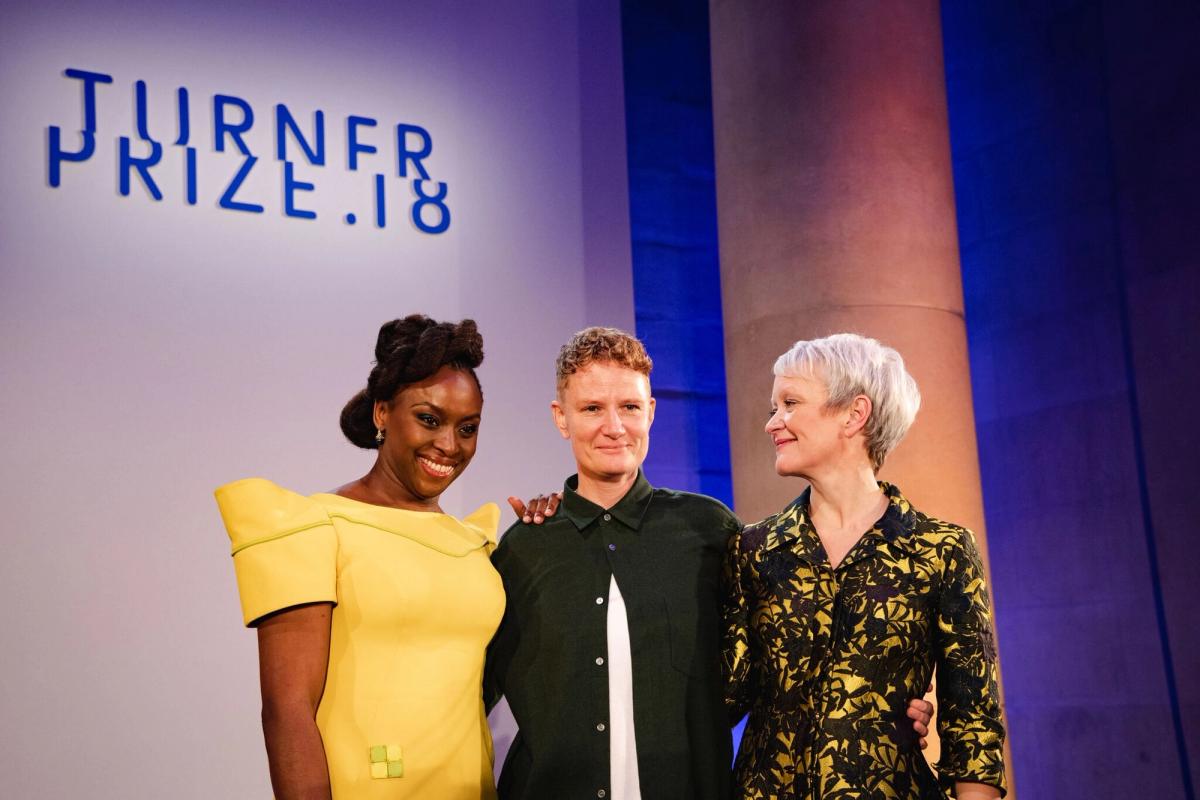 Author Chimamanda Ngozi Adichie, Turner Prize winner Charlotte Prodger and Tate director Maria Balshaw on stage at the 2018 Turner award dinner Courtesy of the Tate