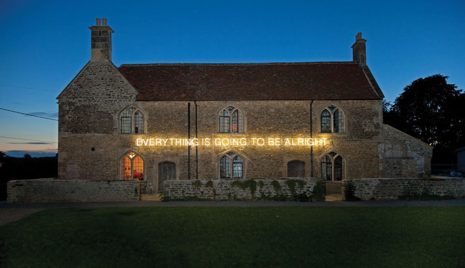 Martin Creed's Work No. 1086: Everything is Going to be Alright (2011) at Hauser & Wirth Somerset. The gallery's co-founder Iwan Wirth is currently self-isolating nearby © Martin Creed. All Rights Reserved; DACS; Photo: Jamie Woodley