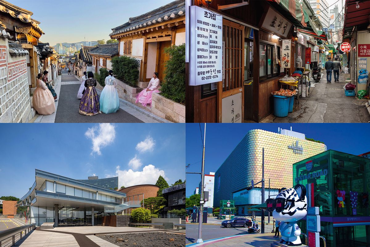 Clockwise from top left: the traditional houses of Bukchon Hanok Village, Samcheong-dong, an alley of restaurants in gritty, industrial Euljiro, a Gangnam doll statue standing out against the backdrop of the Galleria Department Store in Seoul and the Leeum Museum of Art in Hannam-dong Clockwise from top left: courtesy of Hemis/Alamy Stock Photo; Mauritius images GmbH/Alamy Stock Photo, Thomas McComb/Alamy Stock Photo; B.O’Kane/Alamy Stock Photo