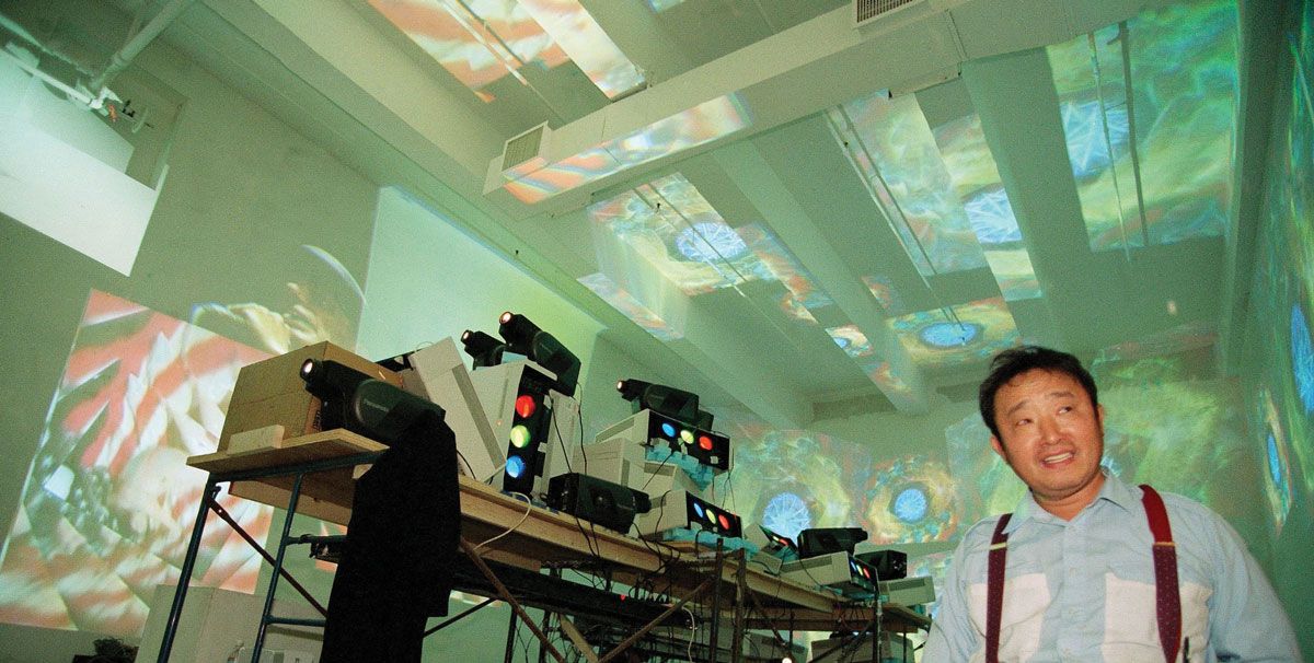 Nam June Paik preparing at New York’s Holly Solomon Gallery ahead of the 1993 Venice Biennale © Photo by Justin Sutcliffe/AP/Shutterstock