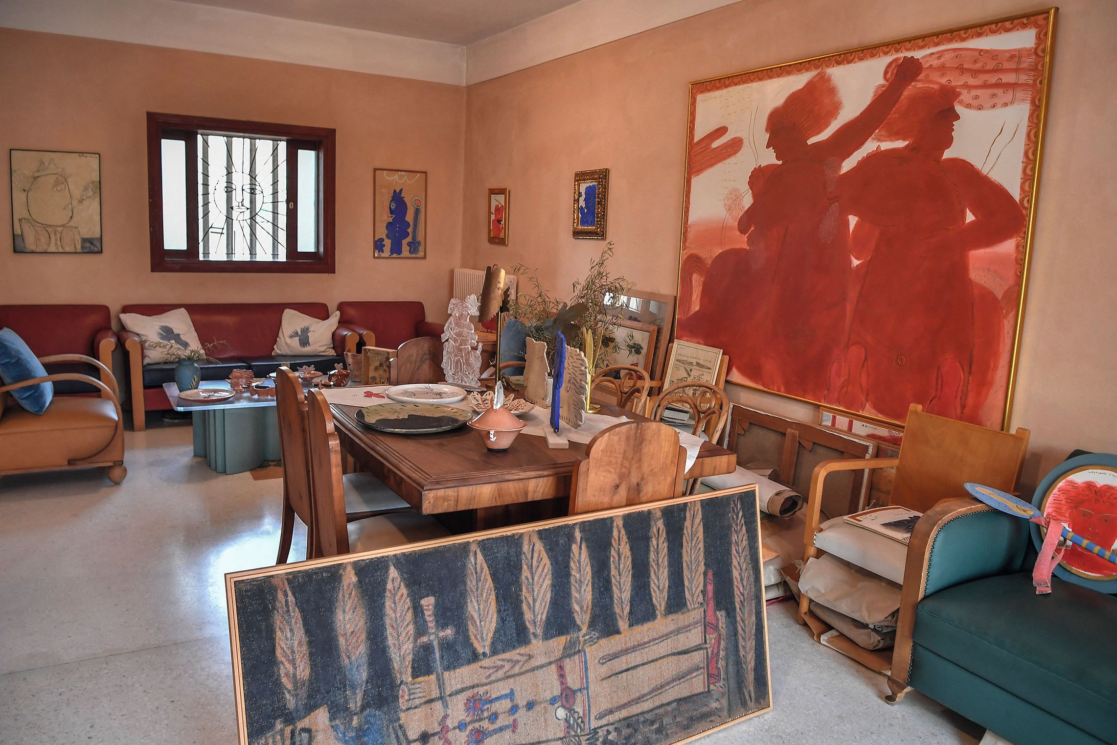 Original art and furniture by the Greek artist Alekos Fassianos on display in his house in Athens. More than 120 forgeries of works by Fassianos and others were seized in 2024 Louisa Gouliamaki/AFP via Getty Images