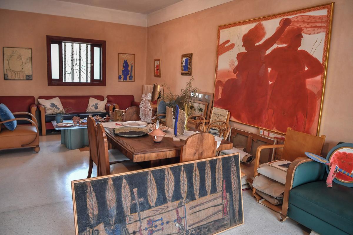 Original art and furniture by the Greek artist Alekos Fassianos on display in his house in Athens. More than 120 forgeries of works by Fassianos and others were seized in 2024 Louisa Gouliamaki/AFP via Getty Images