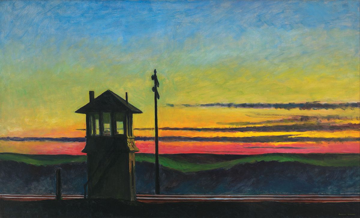 In Railroad Sunset (1929), Edward Hopper depicts an imposing signal tower against a luminous sunset © Whitney Museum of American Art/Scala, Firenze