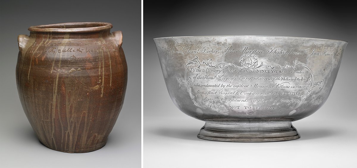Left: David Drake (or Dave the Potter), Storage jar, 1857. Right: Paul Revere Jr, Sons of Liberty Bowl, 1768. Drake: John H. and Ernestine A. Payne Fund, Otis Norcross Fund, funds donated by the Curators Circle: Black Arts and Artists, Elizabeth M. and John F. Paramino Fund in memory of John F. Paramino, Boston Sculptor, Harriet Otis Cruft Fund, and Seth K. Sweetser Fund, from the descendants of David Drake. Photograph © Museum of Fine Arts, Boston. Revere: Museum purchase with funds donated by contribution and the Francis Bartlett Donation of 1912. Photograph © Museum of Fine Arts, Boston
