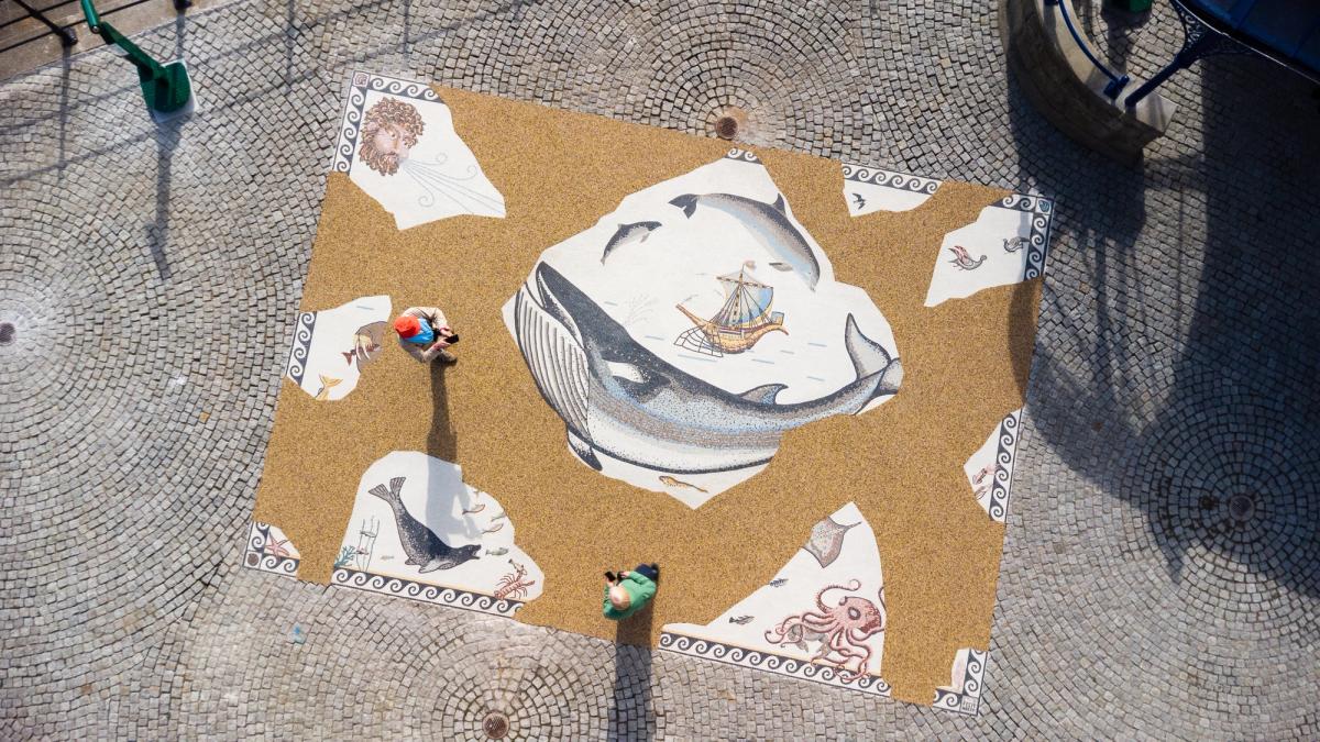 The large Roman style mosaic depicts animals that can be seen from the Yorkshire coastline, including local celebrity Thor the Walrus
Roman Mosaic c. 2025 by Jeremy Deller and Coralie Turpin. Photo by Jules Lister