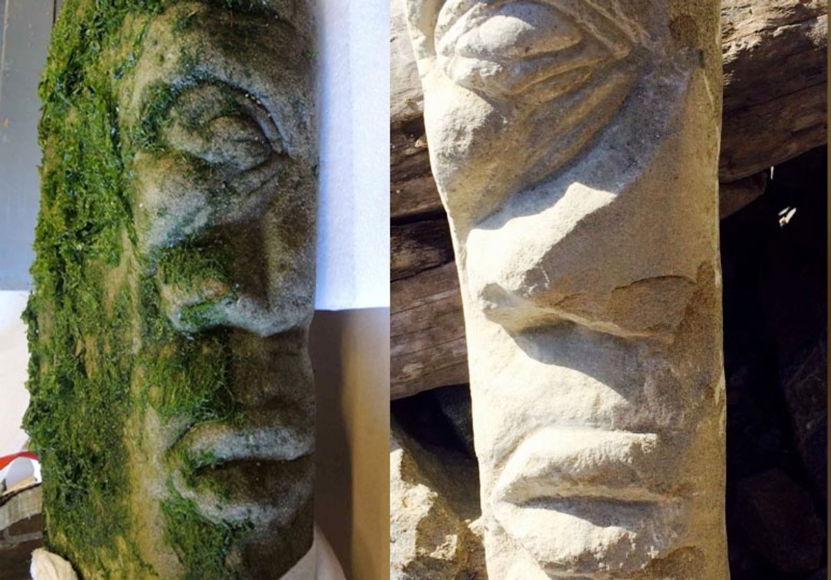 Artist Ray Boudreau says he is "100% positive" that an object, left, which recently washed up on a Canadian beach, is a sandstone carving he was working on in 2017 that disappeared overnight Photos: Royal BC Museum, Grant Keddie and Ray Boudreau