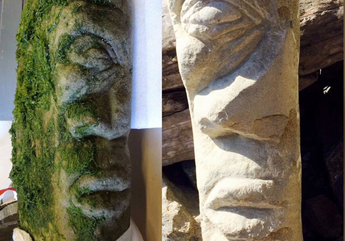 Artist Ray Boudreau says he is "100% positive" that an object, left, which recently washed up on a Canadian beach, is a sandstone carving he was working on in 2017 that disappeared overnight Photos: Royal BC Museum, Grant Keddie and Ray Boudreau