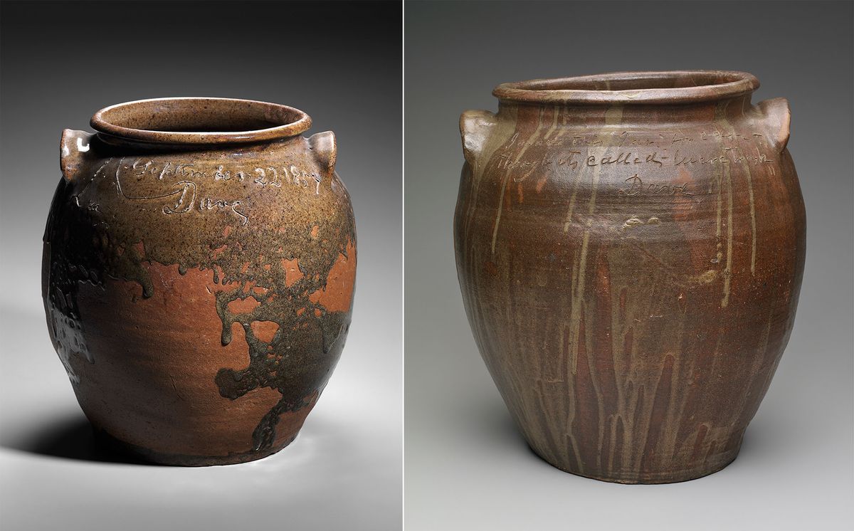 Left: Dave Drake (or Dave the Potter), Jar, 1857. Right: Dave Drake (or Dave the Potter), Storage jar, 1857
Jar: Ethically borrowed from the Dave the Potter Legacy Trust LLC, established for the benefit of the artist's descendants Photograph: © Museum of Fine Arts, Boston. Storage jar: John H. and Ernestine A. Payne Fund, Otis Norcross Fund, Edwin E. Jack Fund, Elizabeth M. and John F. Paramino Fund in memory of John F. Paramino, Boston Sculptor, Harriet Otis Cruft Fund and Seth K. Sweetser Fund, from the descendants of David Drake. Photograph: © Museum of Fine Arts, Boston