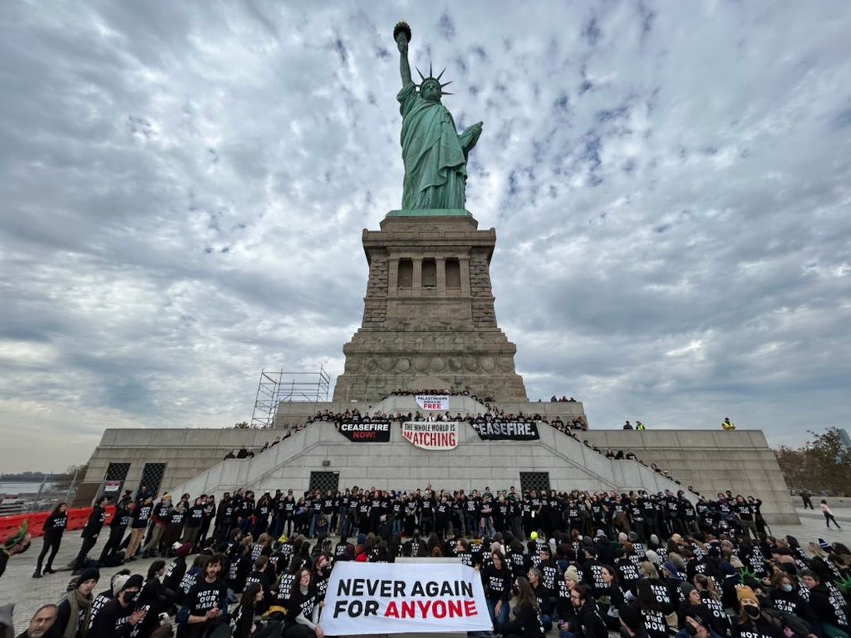 A protest organised by Jewish Voice for Peace at the Statue of Liberty in New York Harbour Photo via Jewish Voice for Peace/X