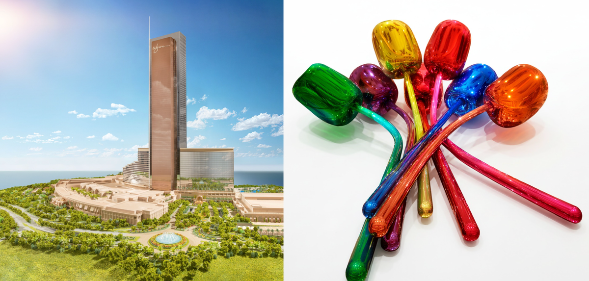 Left: A rendering of the Wynn Al Marjan Island hotel resort, and right: Jeff Koons's Tulips (1995-2004) Courtesy of Wynn Resorts