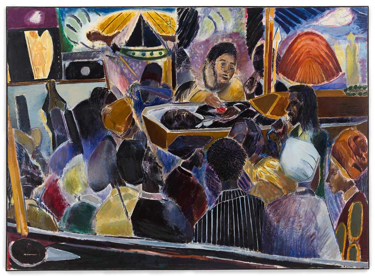 Two Islands, One World includes Denzil Forrester’s painting Funeral of Winston Rose (1981), which memorialises his friend, who was killed while in police custody in London

Photo: Mark Blower; courtesy Stephen Friedman Gallery