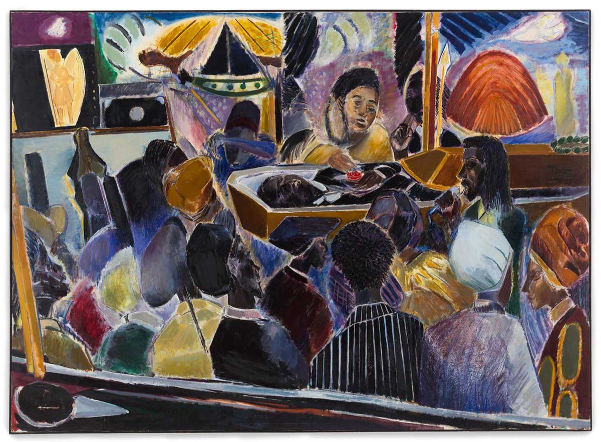 Two Islands, One World includes Denzil Forrester’s painting Funeral of Winston Rose (1981), which memorialises his friend, who was killed while in police custody in London
Photo: Mark Blower. Courtesy the artist, Stephen Friedman Gallery, London and New York, and Andrew Kreps Gallery, New York