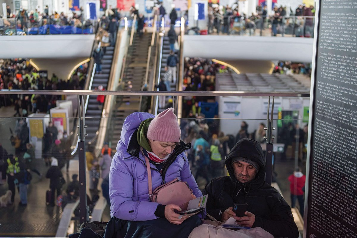 Refugees from Ukraine arrive at Warsaw's Central station; of the estimated 3.5 million people to flee the country, 2.1 million have travelled to Poland Photo: SOPA Images Limited/Alamy Live News