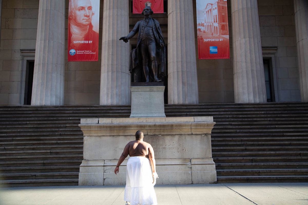Nona Faustine, ...a thirst for complete freedom...had been her only motive for absconding, Oney Judge, Federal Hall, NYC, 2016, From the White Shoes portfolio © Nona Faustine, Courtesy the artist and Higher Pictures Generation