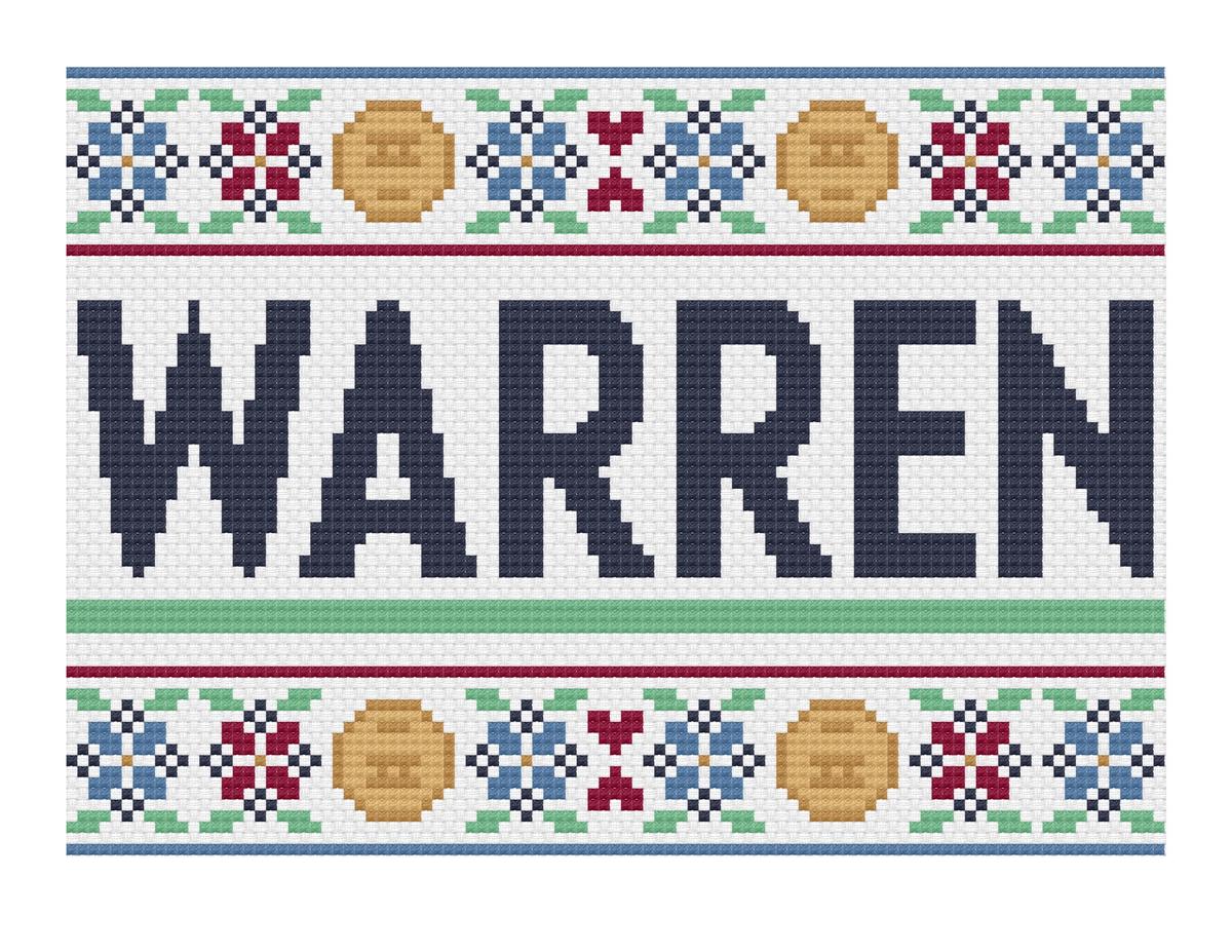 The Chicago-based fiber artist and author of Feminist Cross Stitch designed several patterns in support of Elizabeth Warren's presidential campaign Warren for President