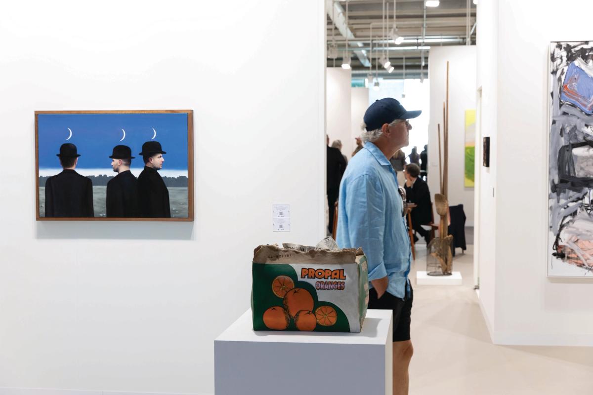 An orange carton sculpture by Kimiyo Mishima sold for $40,000 at Blum gallery. It says collectors are interested in “entrenched histories” David Owens