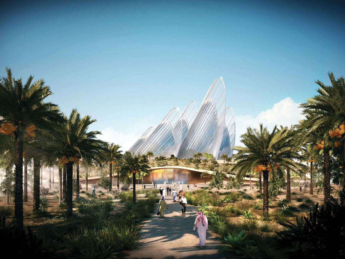A rendering of the Zayed National Museum, by Foster + Partners. The soaring glass structures were inspired by a falcon’s wing feathers ©  Foster + Partners