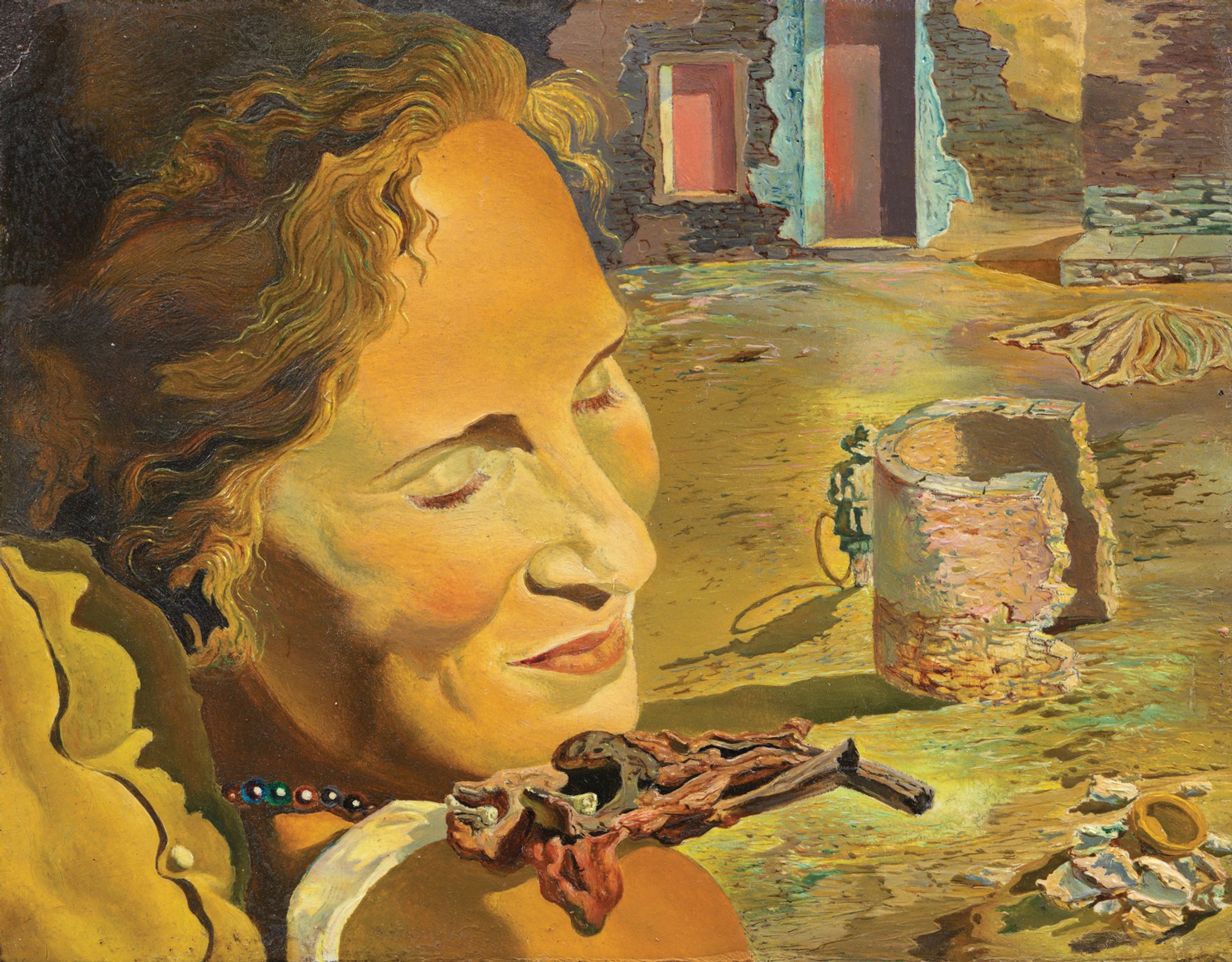 Portrait of Gala with two lamb chops in equilibrium upon her shoulder (around 1934) Salvador Dalí, Fundació Gala-Salvador Dali, VEGAP, Barcelona, 2018, Fotogasull SL