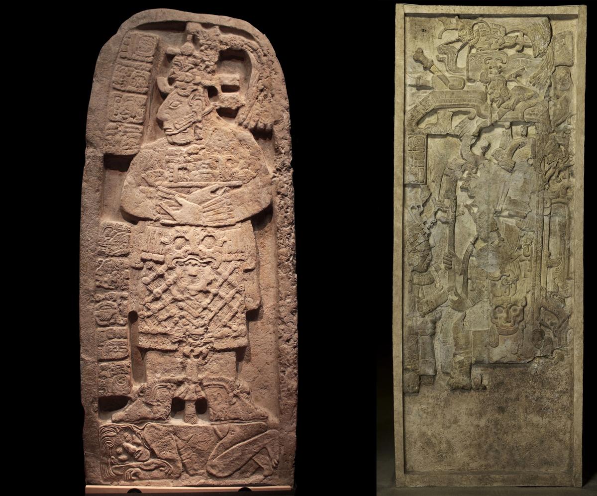 From left: Portrait of a queen regent trampling a captive (Stela 24) from Naranjo-Sa'al, Petén, and Portrait of a seated ruler receiving a noble (Stela 5) from Yok’ib, Piedras Negras, Guatemala Courtesy Ministry of Culture and Sports of Guatemala. © Archivo Digital MUNAE