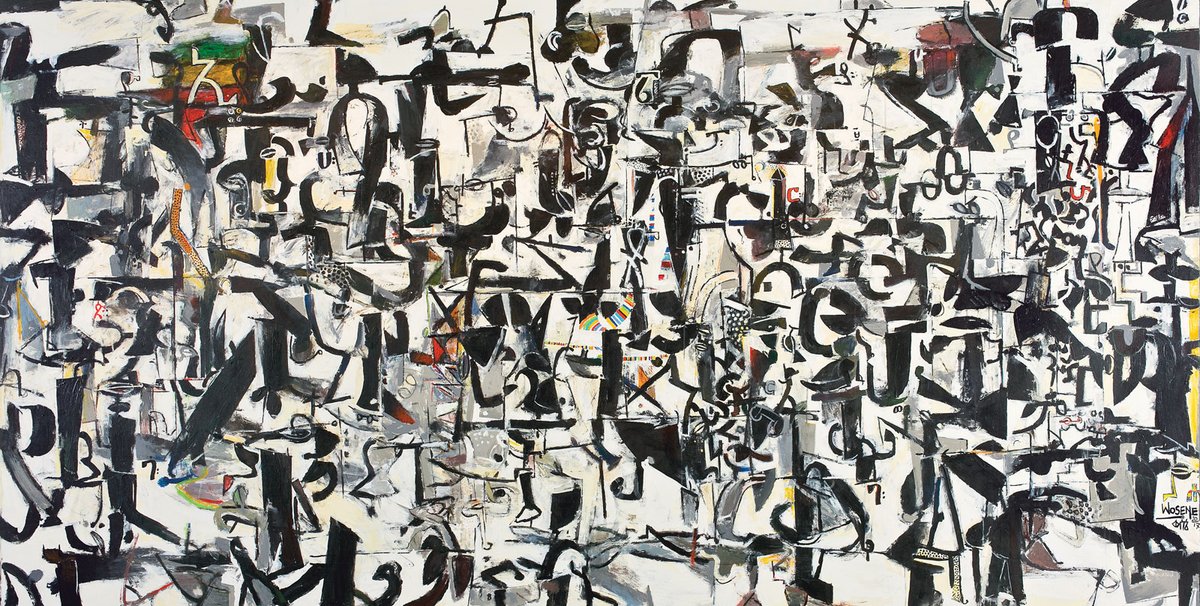 America: The New Alphabet (2017) by Wosene Worke Kosrof is on show at this year’s fair. Gallerists expect this ambitious Addis School painting to fetch up to $277,000 Wosene Worke Kosrof; America: The New Alphabet; 2017