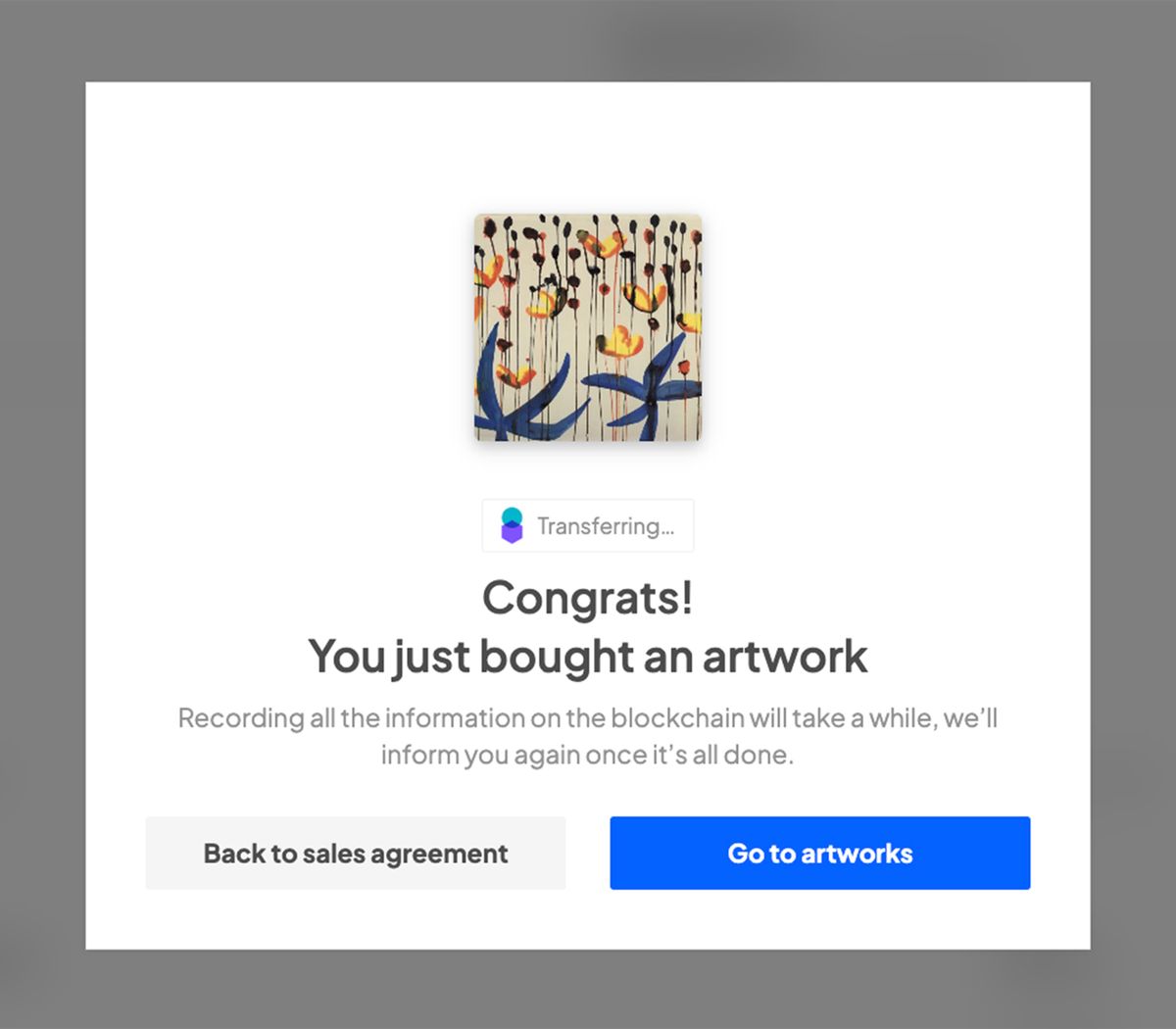 A screenshot from the blockchain-based platform Arcual, which pays artist and gallery simultaneously when it consigns works for sale