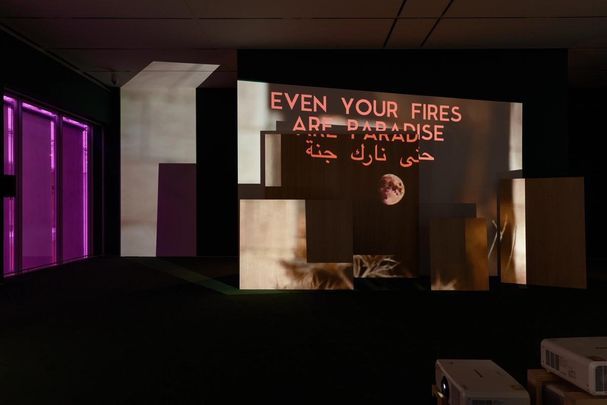 Basel Abbas and Ruanne Abou-Rahme's Oh shining star testify, (2019). Installation view at Art Institute of Chicago, 2021. Photo: Aidan Fitzpatrick. 
