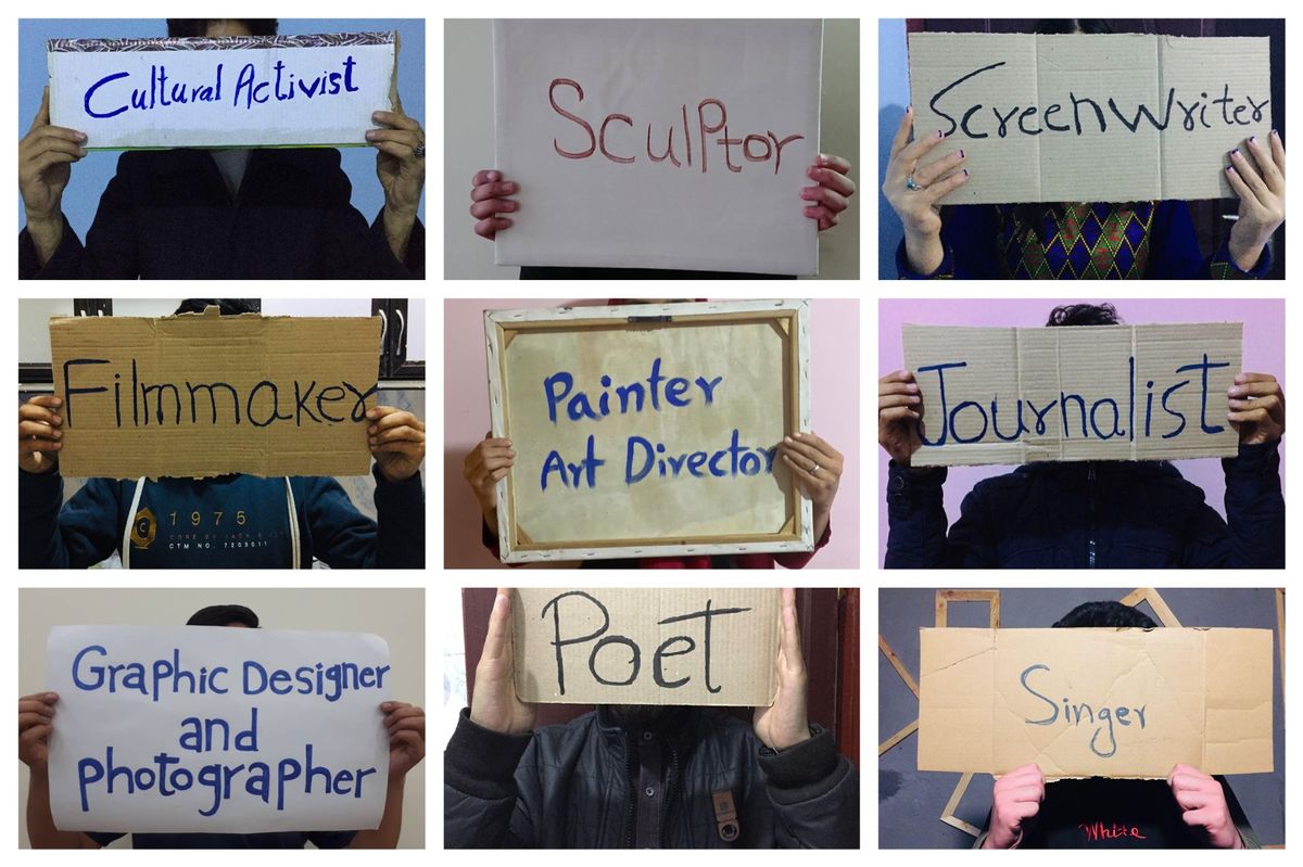Unable to sign their names on the open letter, the undisclosed number of signatories have instead attached pictures of themselves holding signs that identify their creative profession, shielding their faces Courtesy of the artists