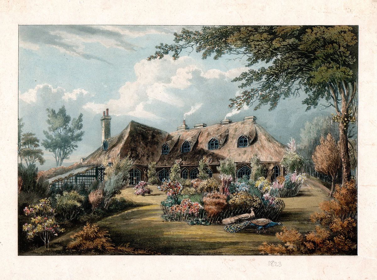 Understanding Englishness: the thatched and picturesque Knowle Cottage, Sidmouth, Devon (around 1823), “one of the most spectacular examples of the entire Cottage Orné genre”