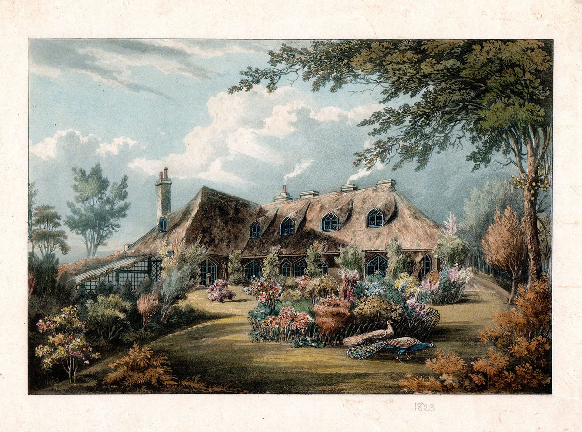 Understanding Englishness: the thatched and picturesque Knowle Cottage, Sidmouth, Devon (around 1823), “one of the most spectacular examples of the entire Cottage Orné genre” 