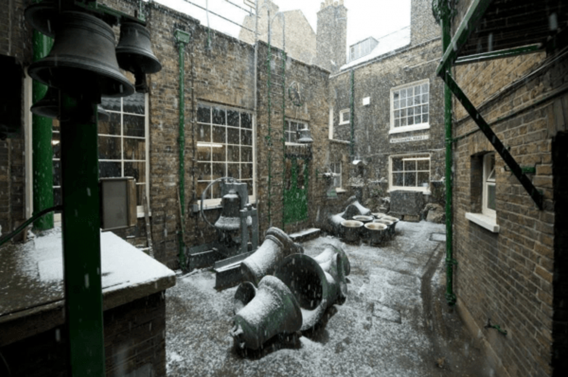 Internal courtyard of the bell foundry in the snow Photo: Derek Kendall