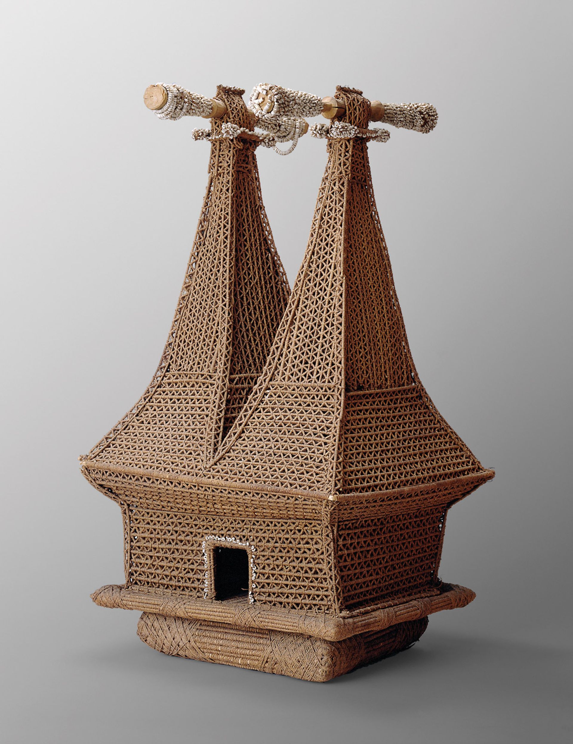An early 19th-century double portable temple (bure kalou) made from coir, wood, reed and shells Courtesy of the Peabody Essex Museum