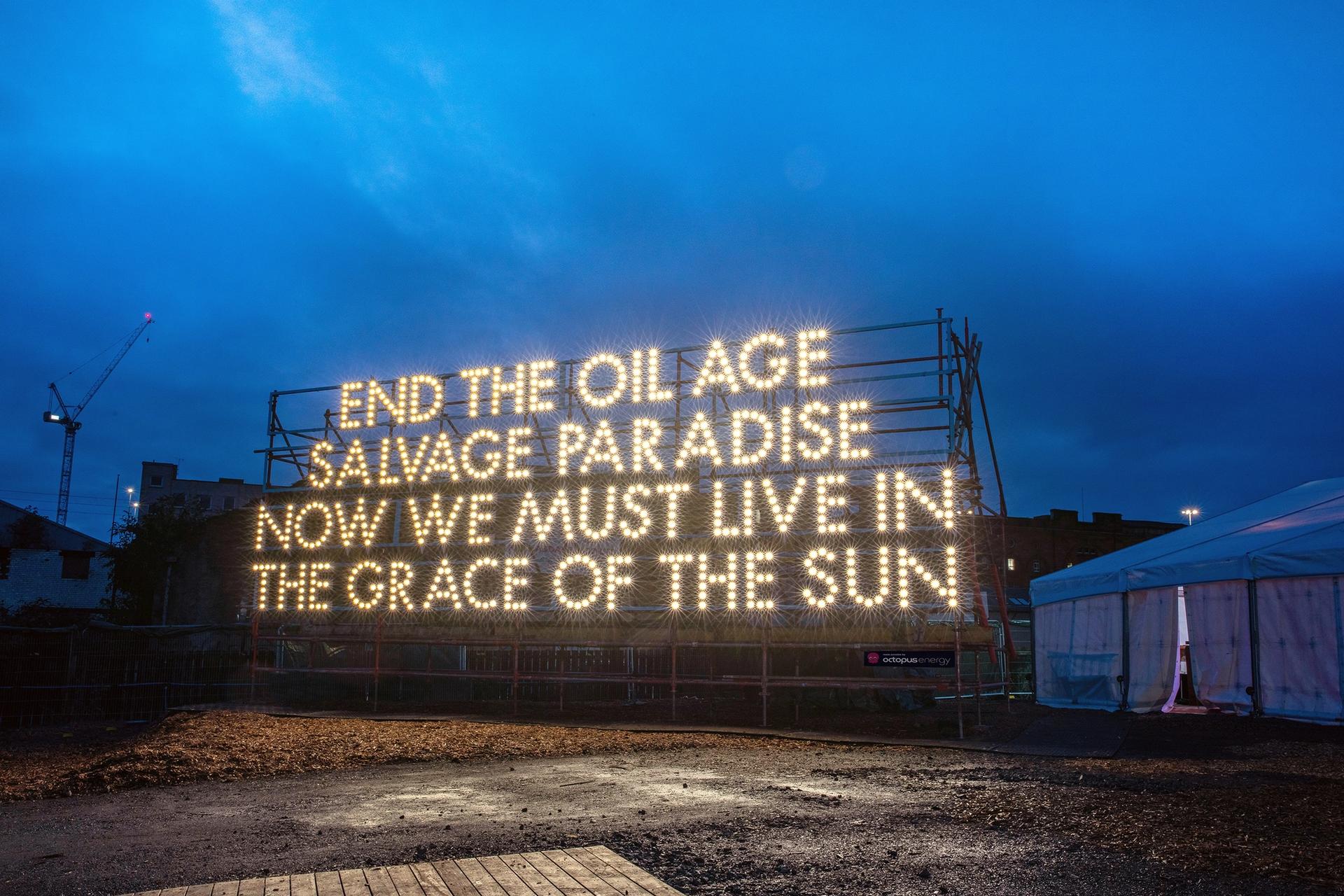 Grace of the Sun, an art installation by the artist Robert Montgomery, lit by Little Sun solar powered lights and made possible by the green company Octopus Energy and MTArt Agency. Photo: Philip Volkers