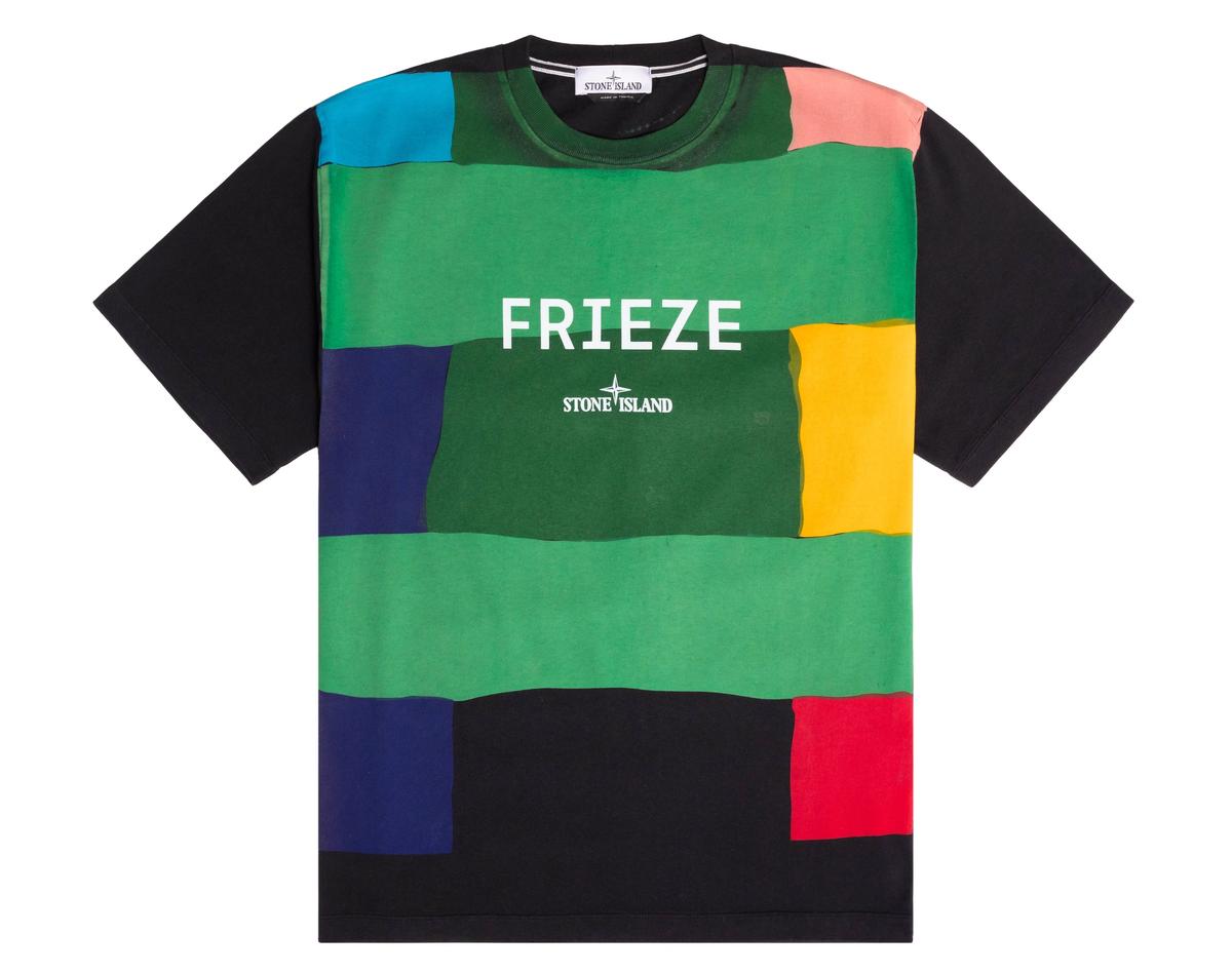 The Frieze New York 2024 staff uniform, inspired by Hasani Sahlehe's painting Trying Green (2024), has been created in collaboration with Stone Island  Image courtesy Stone Island and Frieze