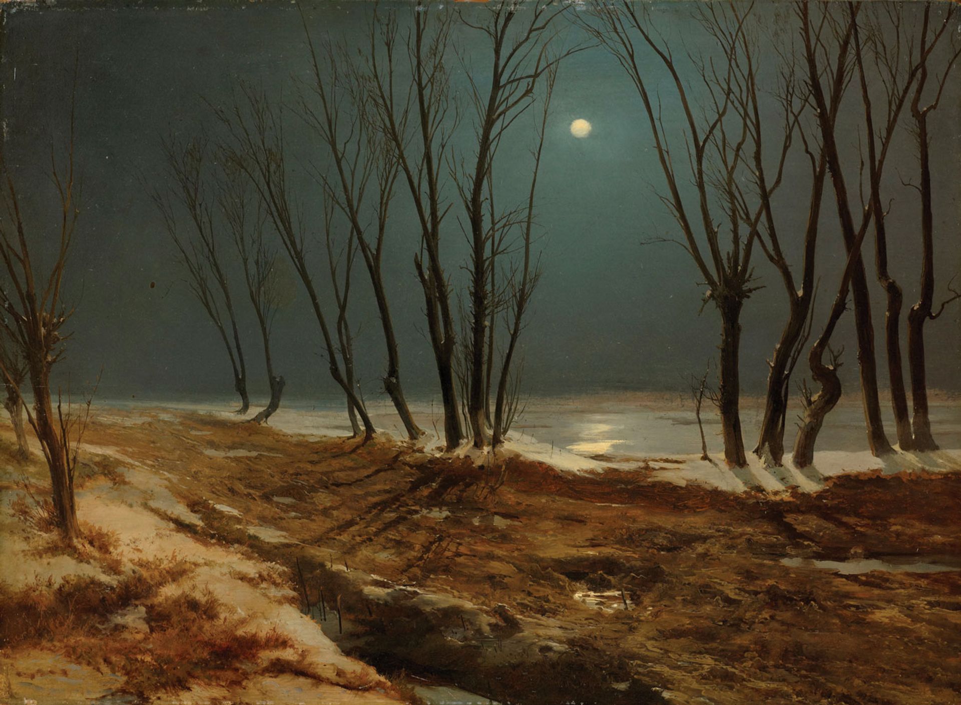 Country Road in Winter at Moonlight (1836) by Carl Blechen Museum Behnhaus Drägerhaus