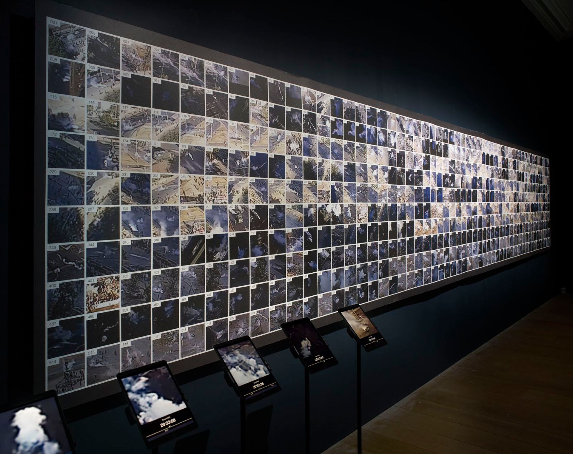 Installation view of Cloud Studies at Whitworth Gallery, Manchester Image: Courtesy of Forensic Architecture and Whitworth Art Gallery, University of Manchester