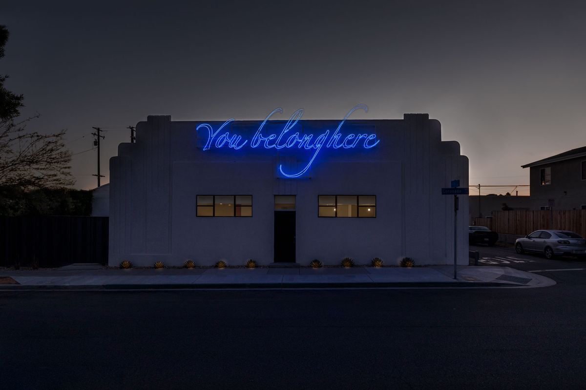 Tavares Strachan’s neon artwork You Belong Here on the front of Compound building in Long Beach Photo: Laure Joilet