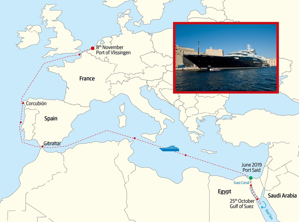 The route of the Serene, the  yacht owned by the Saudi Arabian Crown Prince Mohammad bin Salman © Route data from marinetraffic.com; yacht: Nick Wells; map: Vectorfree maps; illustration © The Art Newspaper