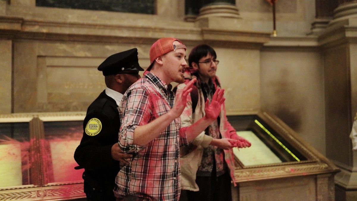 Jackson Green (foreground) and Donald Zepeda (background) during the 14 February protest at the National Archives in Washington, DC Declare Emergency via X