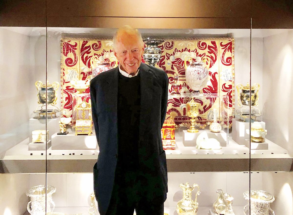 Jacob Rothschild with one of the display cases in the new Treasury exhibit at Waddesdon, 2019 Photograph: Anna Somers Cocks