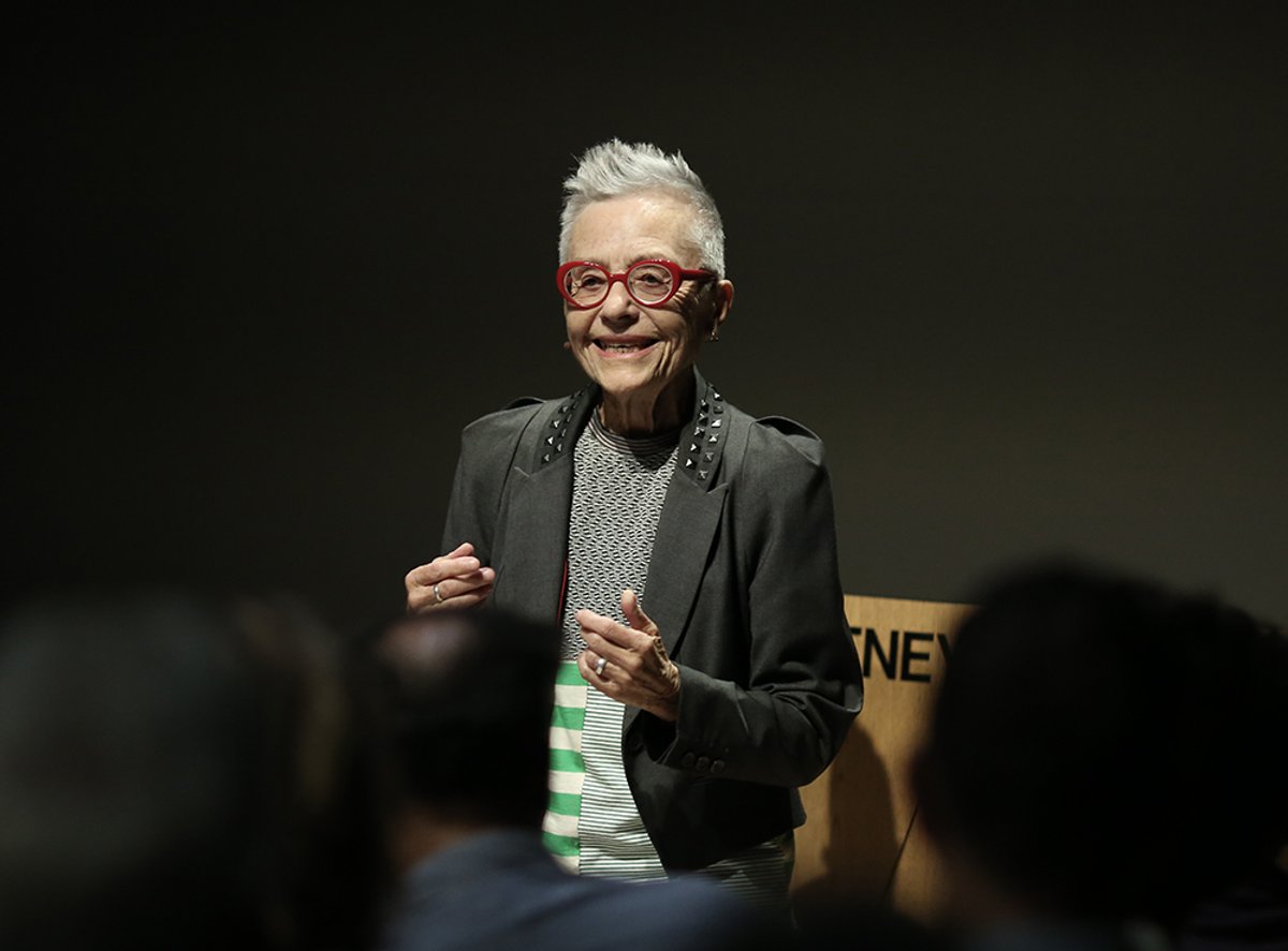 Barbara Hammer at her lecture-performance The Art of Dying or (Palliative Art Making in an Age of Anxiety) at the Whitney Museum Photo: Paula Court