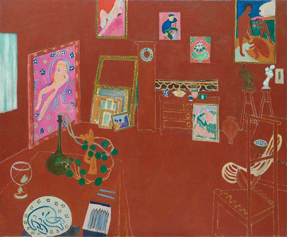Matisse’s The Red Studio (1911) includes paintings such as Bathers (1907) and Nude with a White Scarf (1909) and his bronze sculpture Decorative Figure (1908) © 2022 Succession H. Matisse/ARS